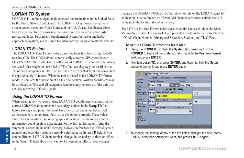 Loran td system | Garmin GPSMAP 3010C User Manual | Page 114 / 130
