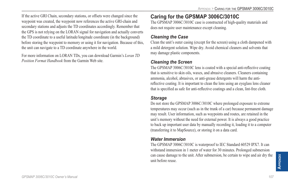 Caring for the gpsmap 3006c/3010c | Garmin GPSMAP 3010C User Manual | Page 115 / 130