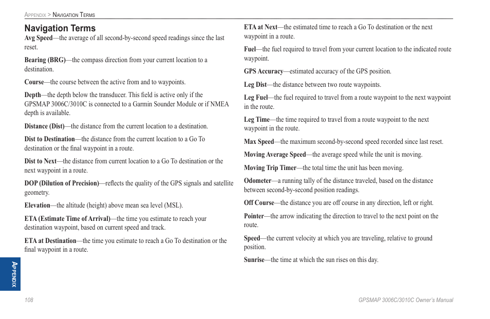 Navigation terms | Garmin GPSMAP 3010C User Manual | Page 116 / 130