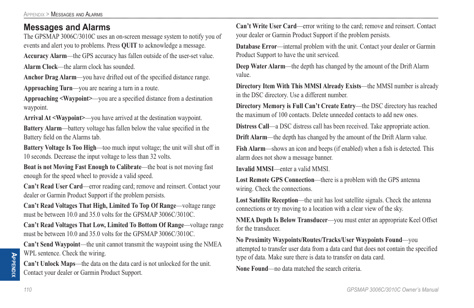 Messages and alarms | Garmin GPSMAP 3010C User Manual | Page 118 / 130