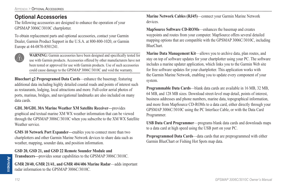 Optional accessories | Garmin GPSMAP 3010C User Manual | Page 120 / 130