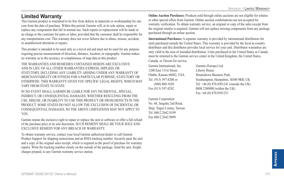 Limited warranty | Garmin GPSMAP 3010C User Manual | Page 121 / 130