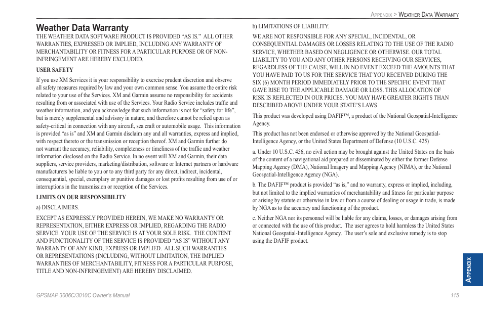 Weather data warranty | Garmin GPSMAP 3010C User Manual | Page 123 / 130