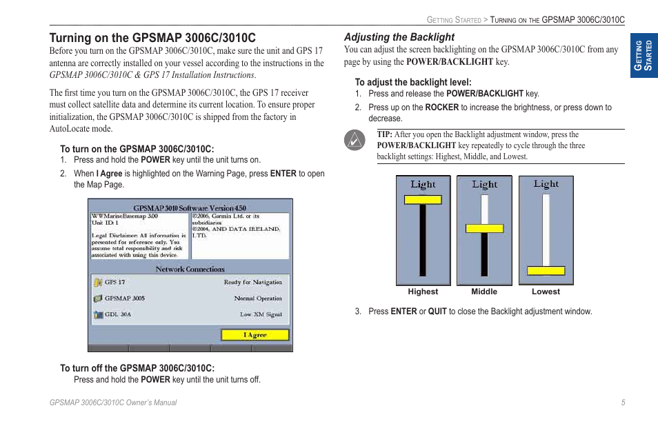 Turning on the gpsmap 3006c/3010c, Adjusting the backlight | Garmin GPSMAP 3010C User Manual | Page 13 / 130
