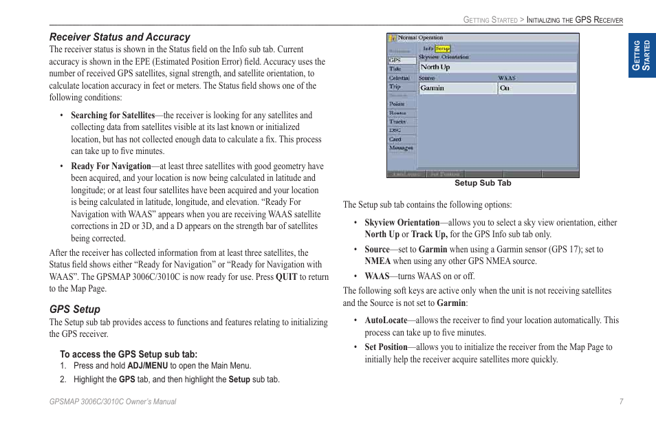 Receiver status and accuracy, Gps setup | Garmin GPSMAP 3010C User Manual | Page 15 / 130