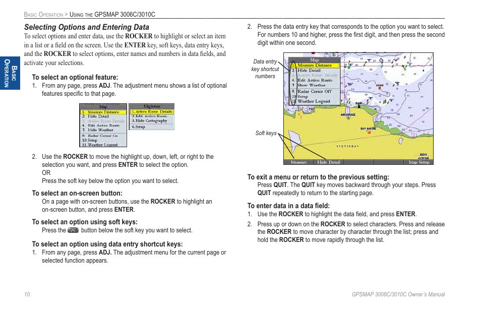 Selecting options and entering data | Garmin GPSMAP 3010C User Manual | Page 18 / 130