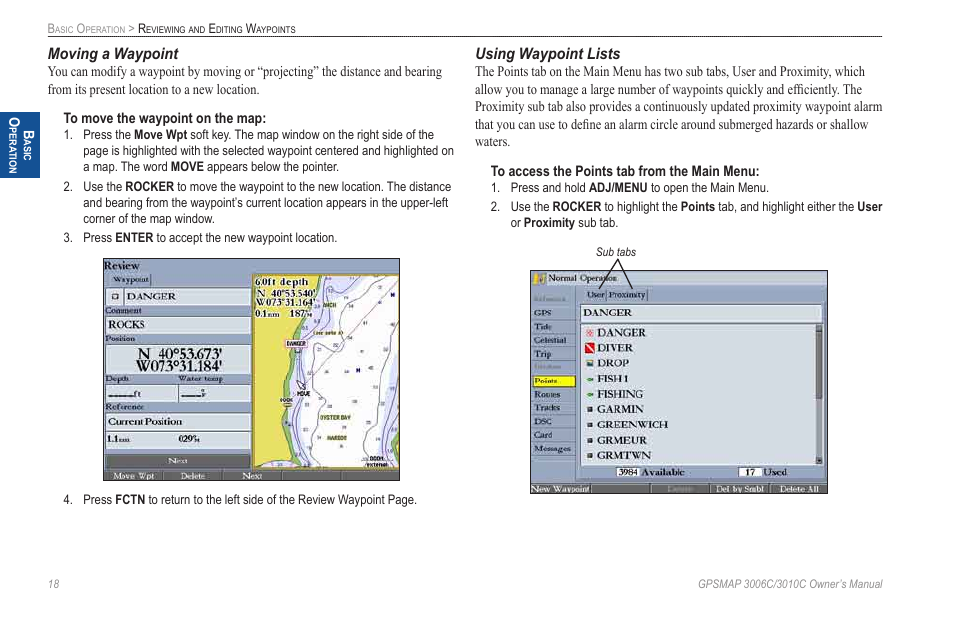 Moving a waypoint, Using waypoint lists | Garmin GPSMAP 3010C User Manual | Page 26 / 130