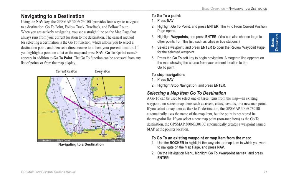 Navigating to a destination, Selecting a map item go to destination | Garmin GPSMAP 3010C User Manual | Page 29 / 130