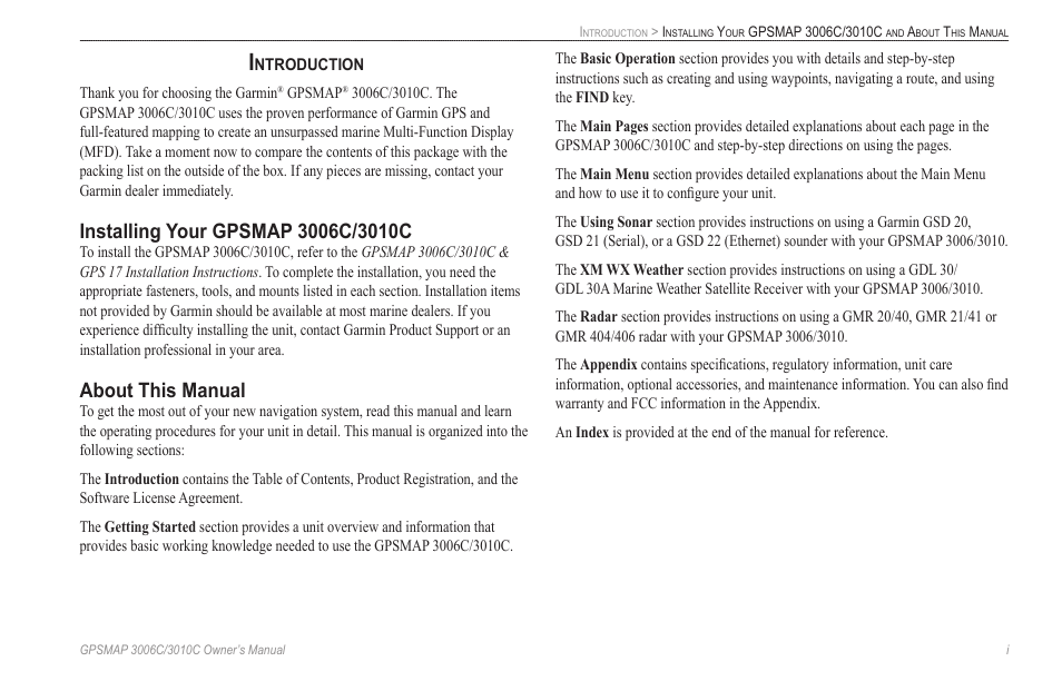 Introduction, Installing your gpsmap 3006c/3010c, About this manual | Garmin GPSMAP 3010C User Manual | Page 3 / 130