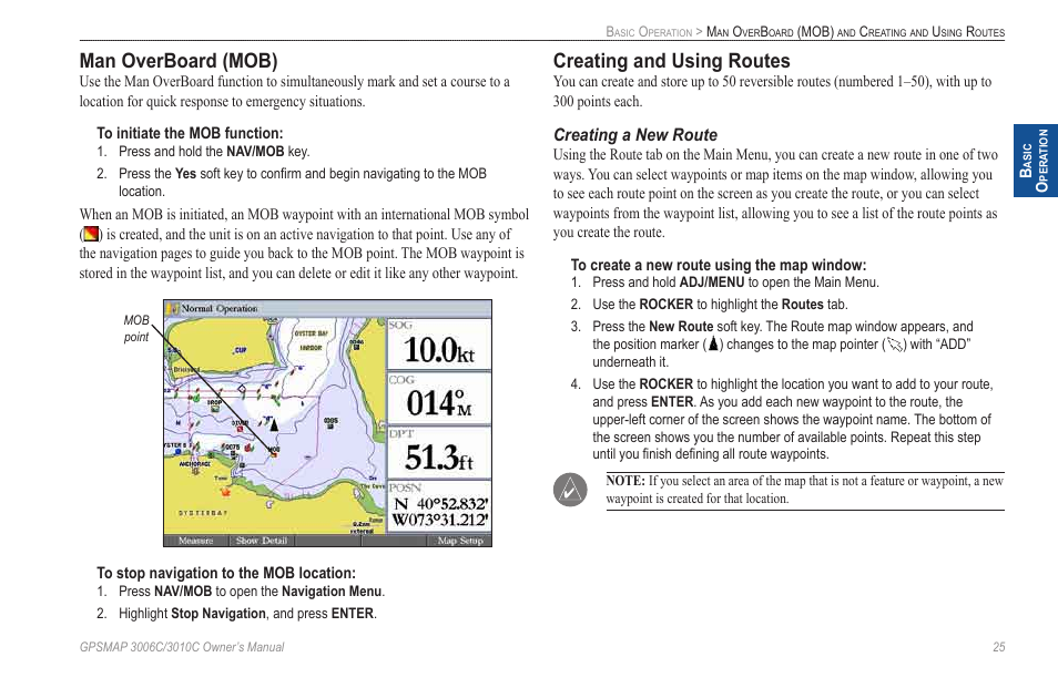 Man overboard (mob), Creating and using routes, Creating a new route | Garmin GPSMAP 3010C User Manual | Page 33 / 130