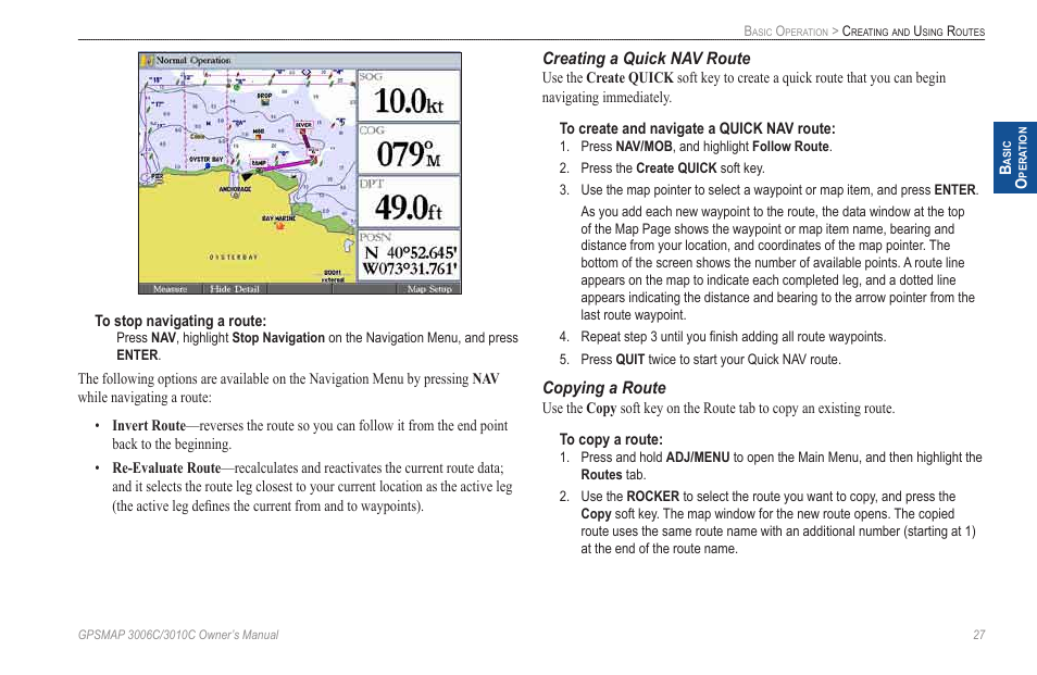 Creating a quick nav route, Copying a route | Garmin GPSMAP 3010C User Manual | Page 35 / 130