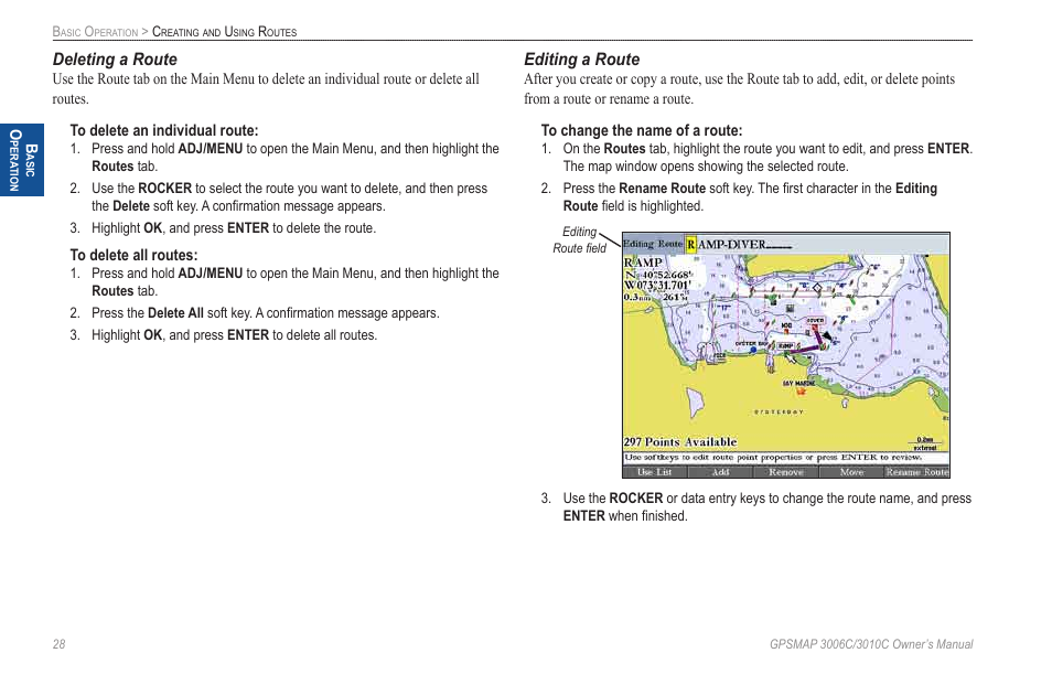 Deleting a route, Editing a route | Garmin GPSMAP 3010C User Manual | Page 36 / 130