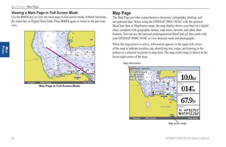 Map page, Viewing a main page in full-screen mode | Garmin GPSMAP 3010C User Manual | Page 44 / 130