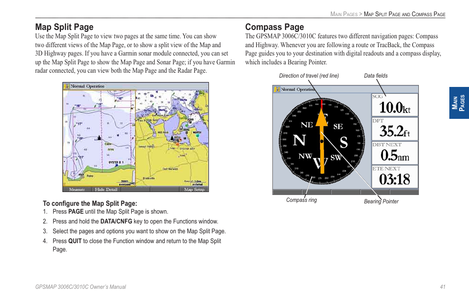 Map split page, Compass page | Garmin GPSMAP 3010C User Manual | Page 49 / 130