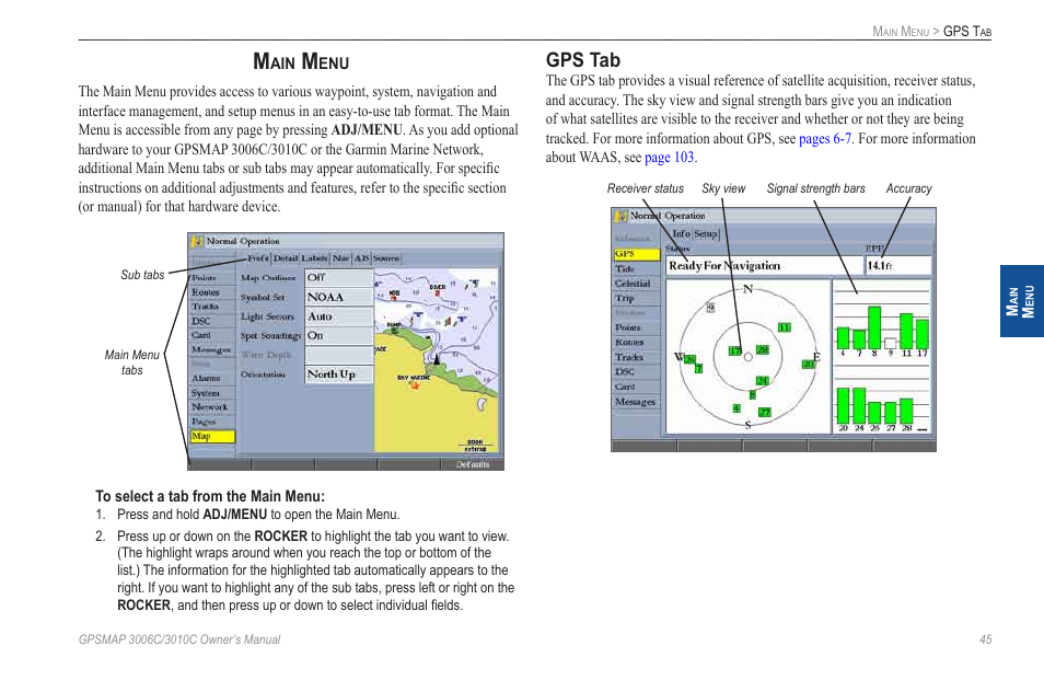 Main menu, Gps tab | Garmin GPSMAP 3010C User Manual | Page 53 / 130