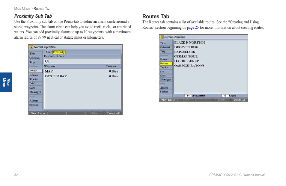 Routes tab, Proximity sub tab | Garmin GPSMAP 3010C User Manual | Page 60 / 130