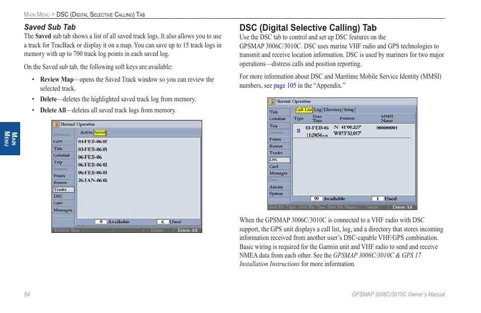 Dsc (digital selective calling) tab | Garmin GPSMAP 3010C User Manual | Page 62 / 130