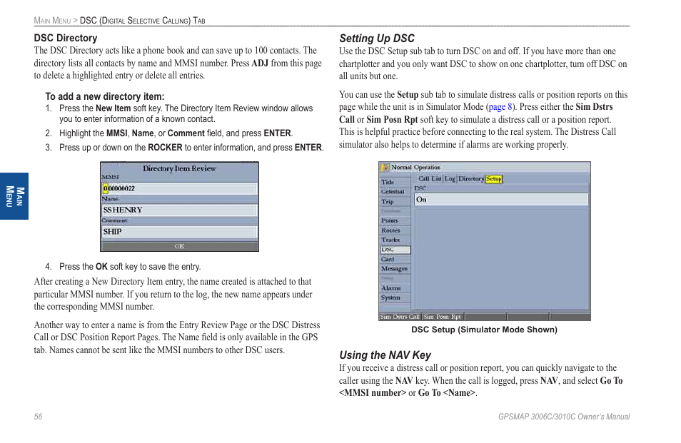 Setting up dsc, Using the nav key | Garmin GPSMAP 3010C User Manual | Page 64 / 130