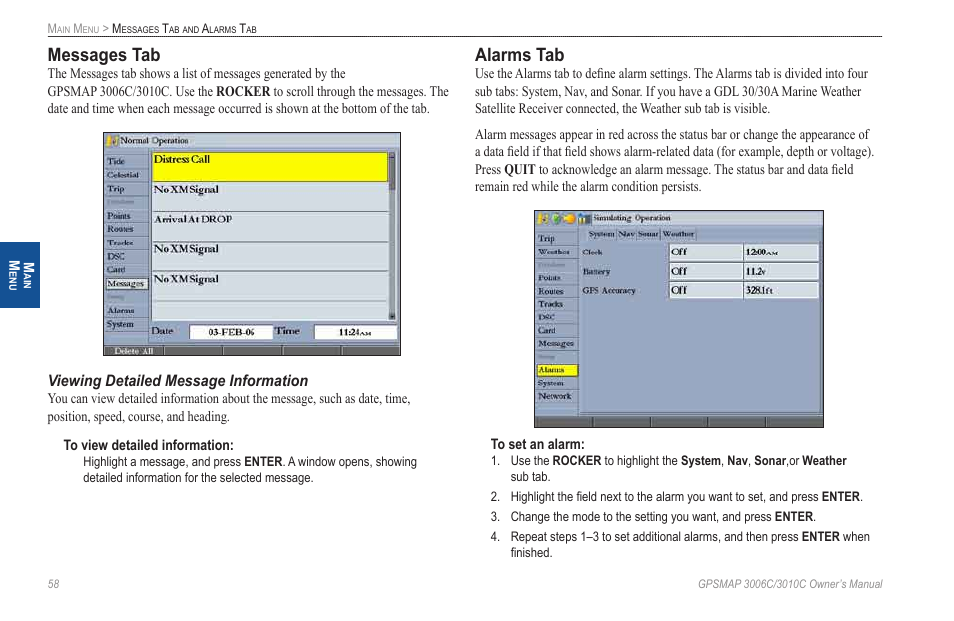 Messages tab, Viewing detailed message information, Alarms tab | Garmin GPSMAP 3010C User Manual | Page 66 / 130