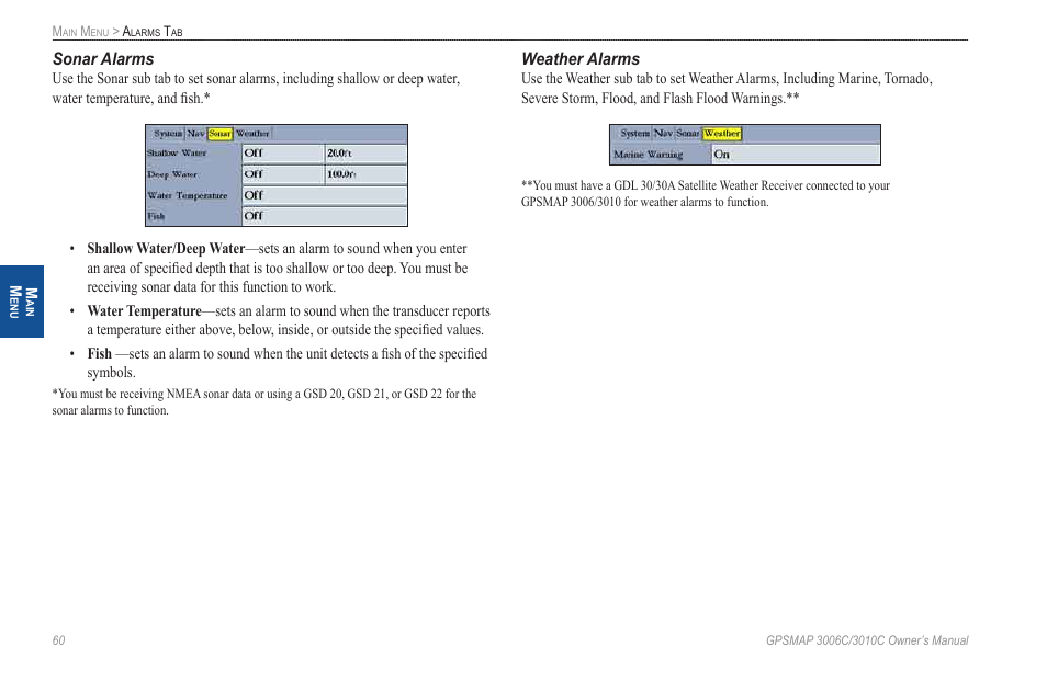 Sonar alarms, Weather alarms | Garmin GPSMAP 3010C User Manual | Page 68 / 130