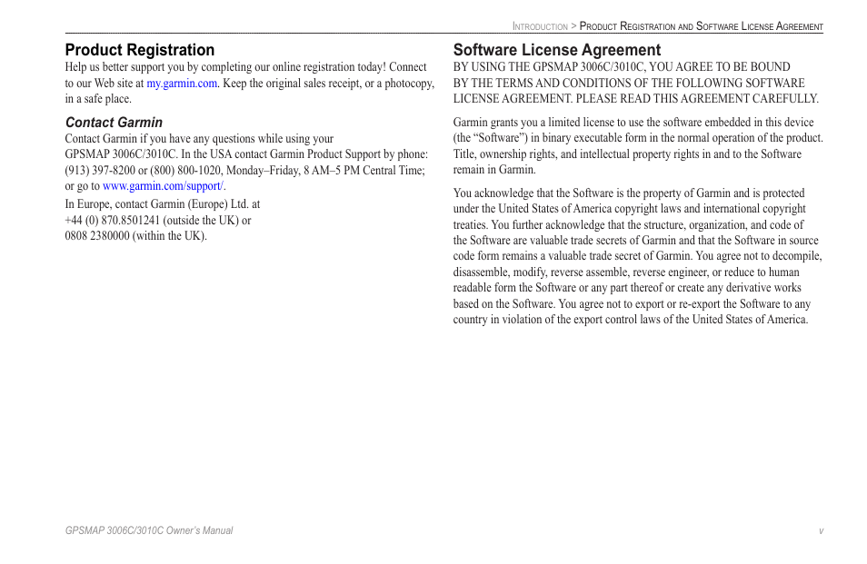Product registration, Contact garmin, Software license agreement | Garmin GPSMAP 3010C User Manual | Page 7 / 130