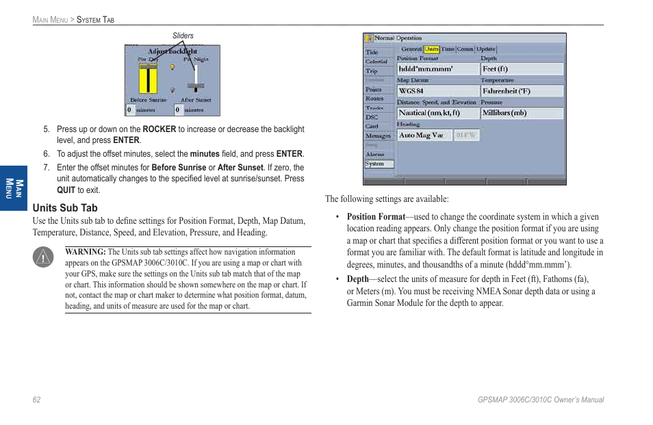 Units sub tab | Garmin GPSMAP 3010C User Manual | Page 70 / 130