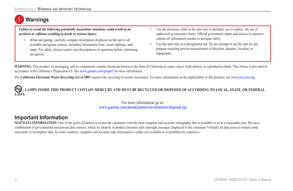 Warnings, Important information | Garmin GPSMAP 3010C User Manual | Page 8 / 130