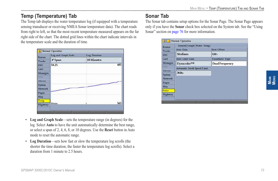 Temp (temperature) tab, Sonar tab | Garmin GPSMAP 3010C User Manual | Page 81 / 130
