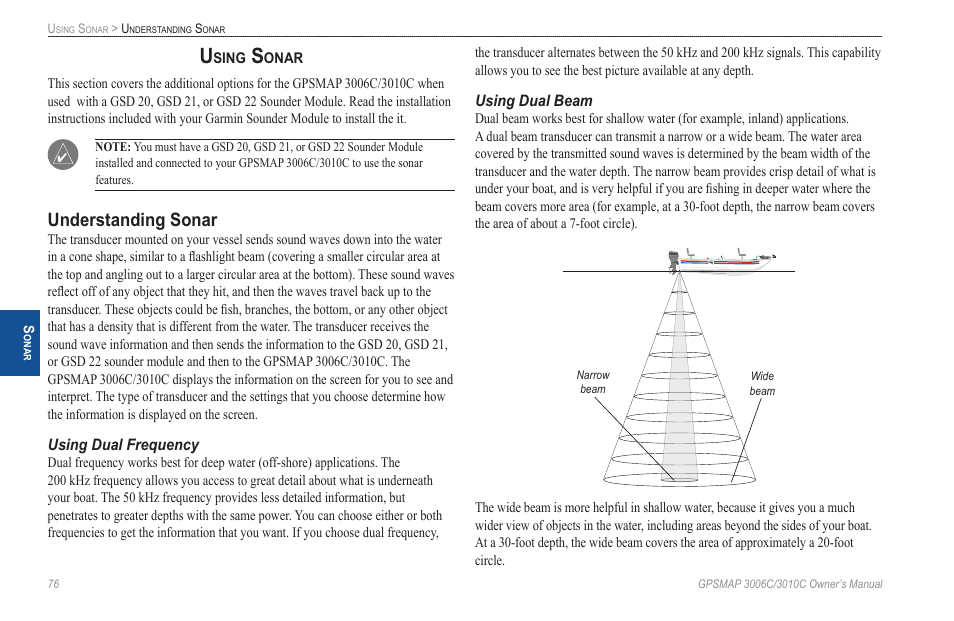Using sonar, Understanding sonar, Using dual frequency | Using dual beam | Garmin GPSMAP 3010C User Manual | Page 84 / 130