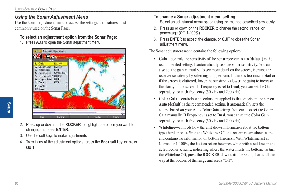 Using the sonar adjustment menu | Garmin GPSMAP 3010C User Manual | Page 88 / 130