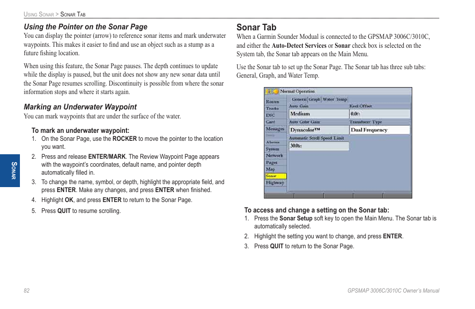 Marking an underwater waypoint, Sonar tab | Garmin GPSMAP 3010C User Manual | Page 90 / 130