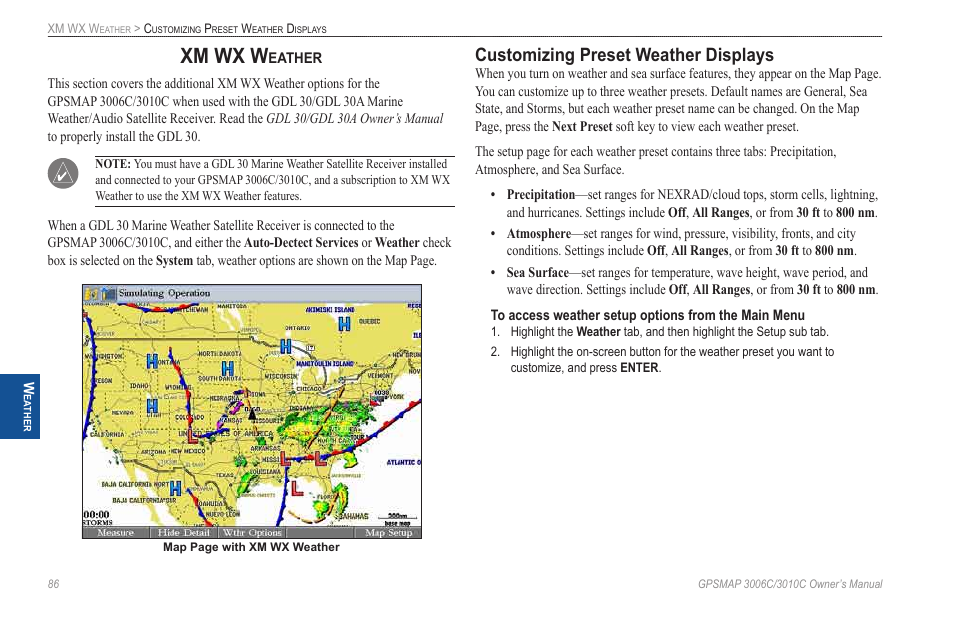Xm wx weather, Customizing preset weather displays, Xm wx w | Garmin GPSMAP 3010C User Manual | Page 94 / 130