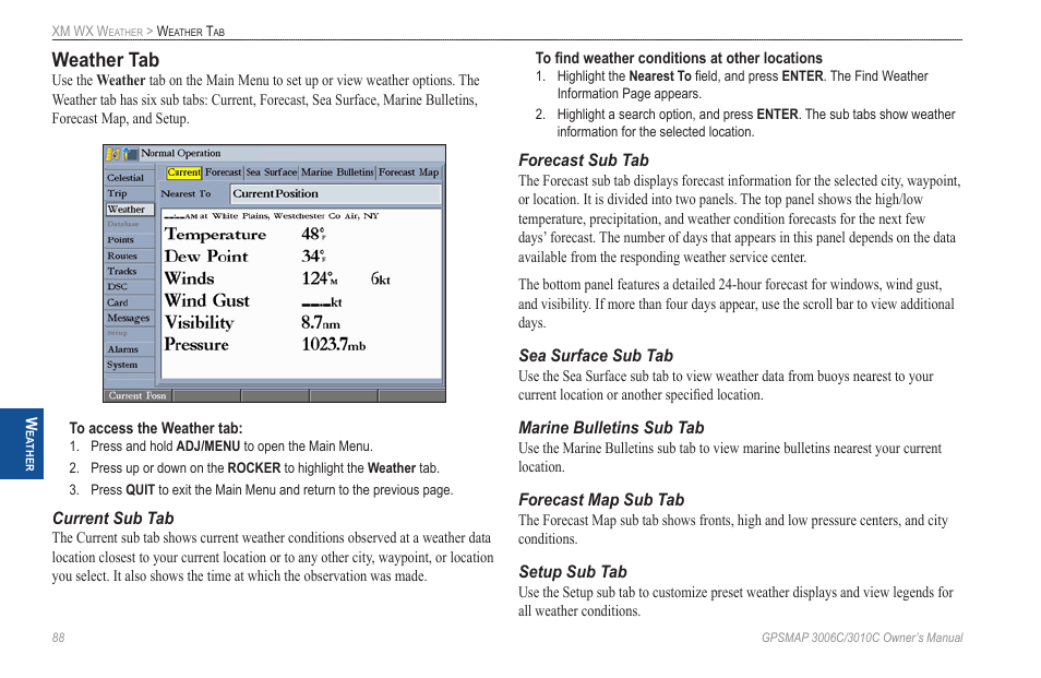 Weather tab, Marine bulletins sub tab | Garmin GPSMAP 3010C User Manual | Page 96 / 130