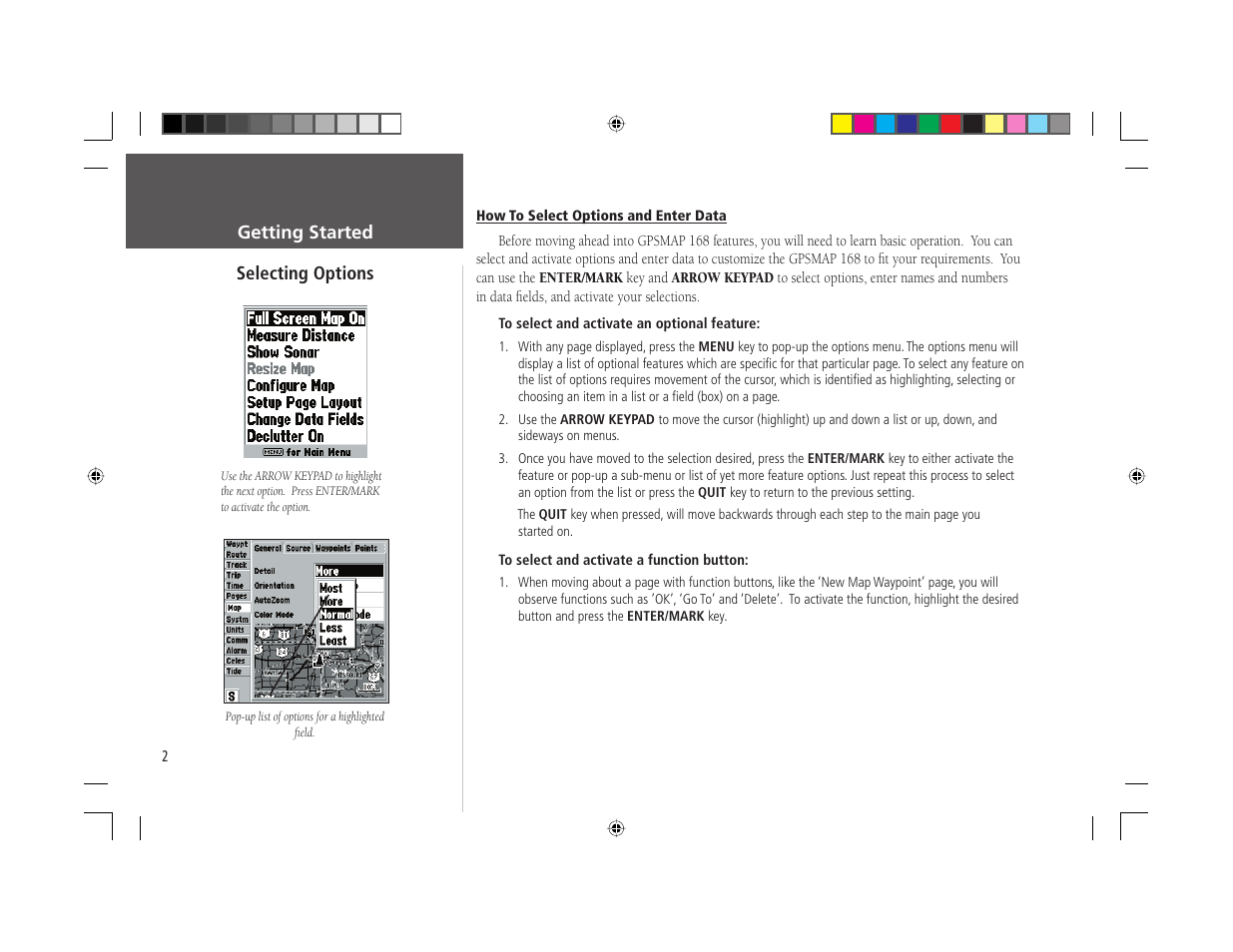 Getting started selecting options | Garmin GPSMAP 168 Sounder User Manual | Page 13 / 123