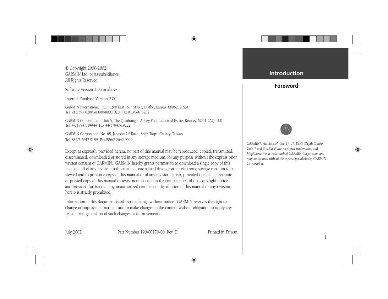 Introduction foreword | Garmin GPSMAP 168 Sounder User Manual | Page 2 / 123