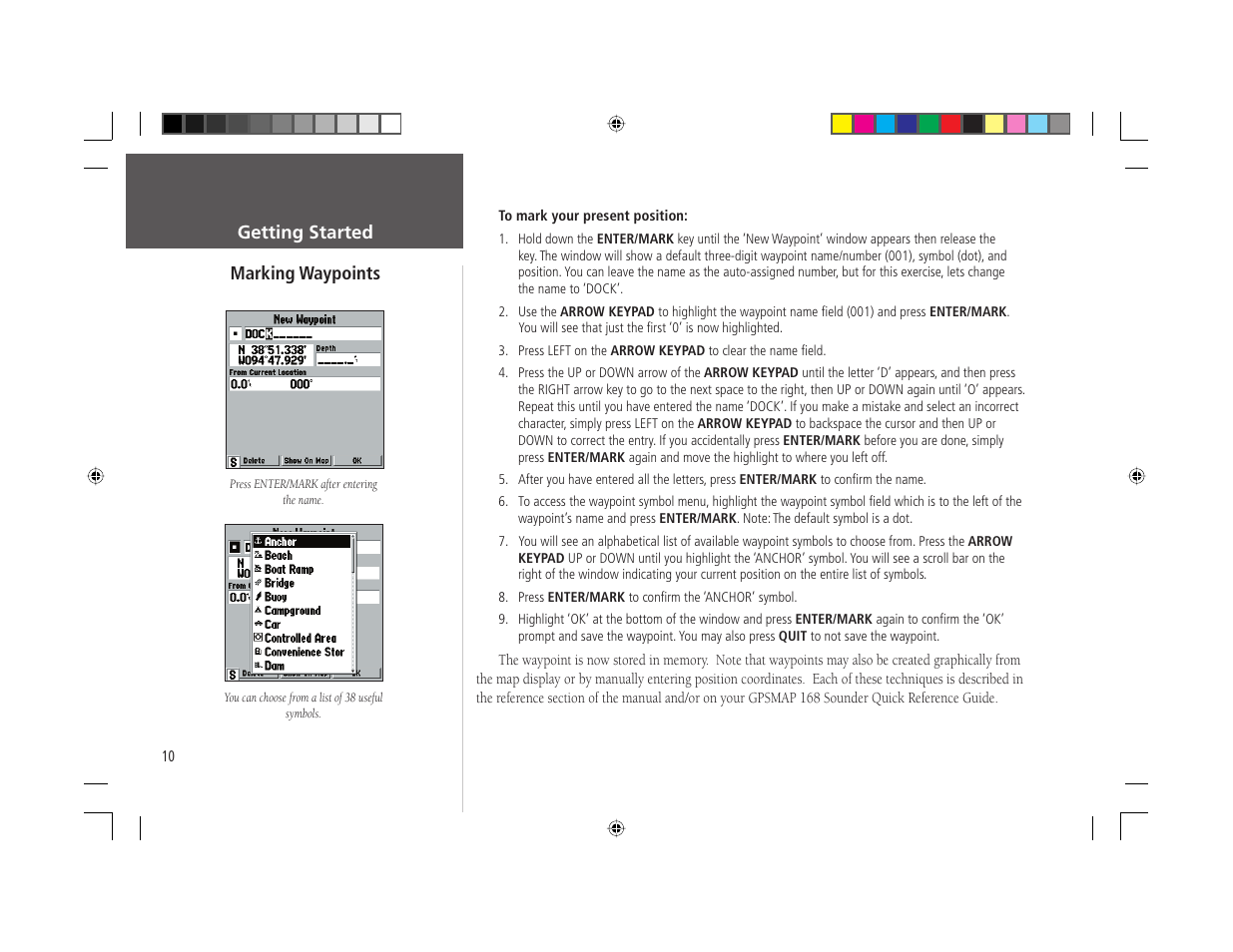 Getting started marking waypoints | Garmin GPSMAP 168 Sounder User Manual | Page 21 / 123