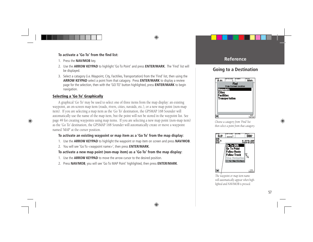 Reference going to a destination | Garmin GPSMAP 168 Sounder User Manual | Page 68 / 123