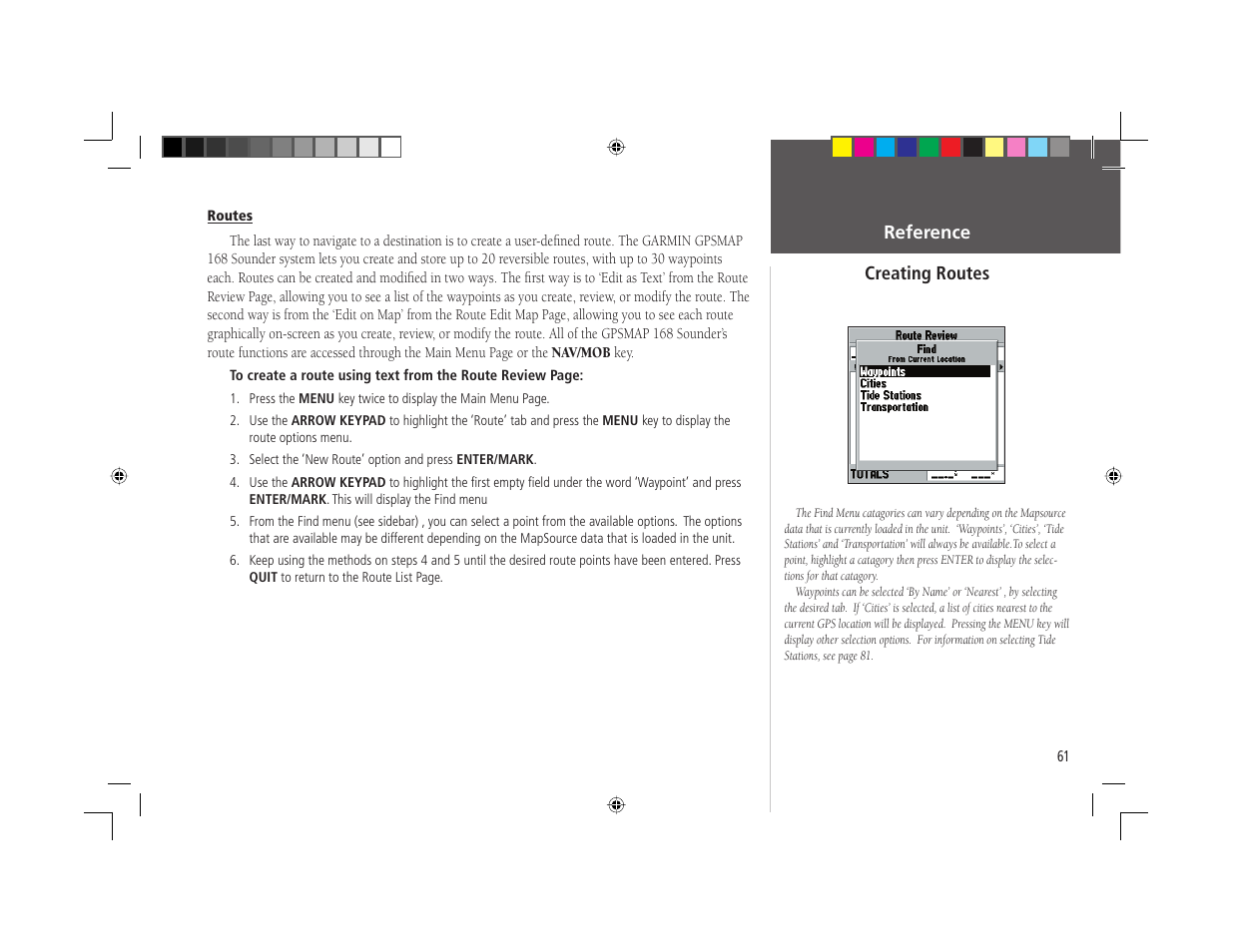 Reference creating routes | Garmin GPSMAP 168 Sounder User Manual | Page 72 / 123