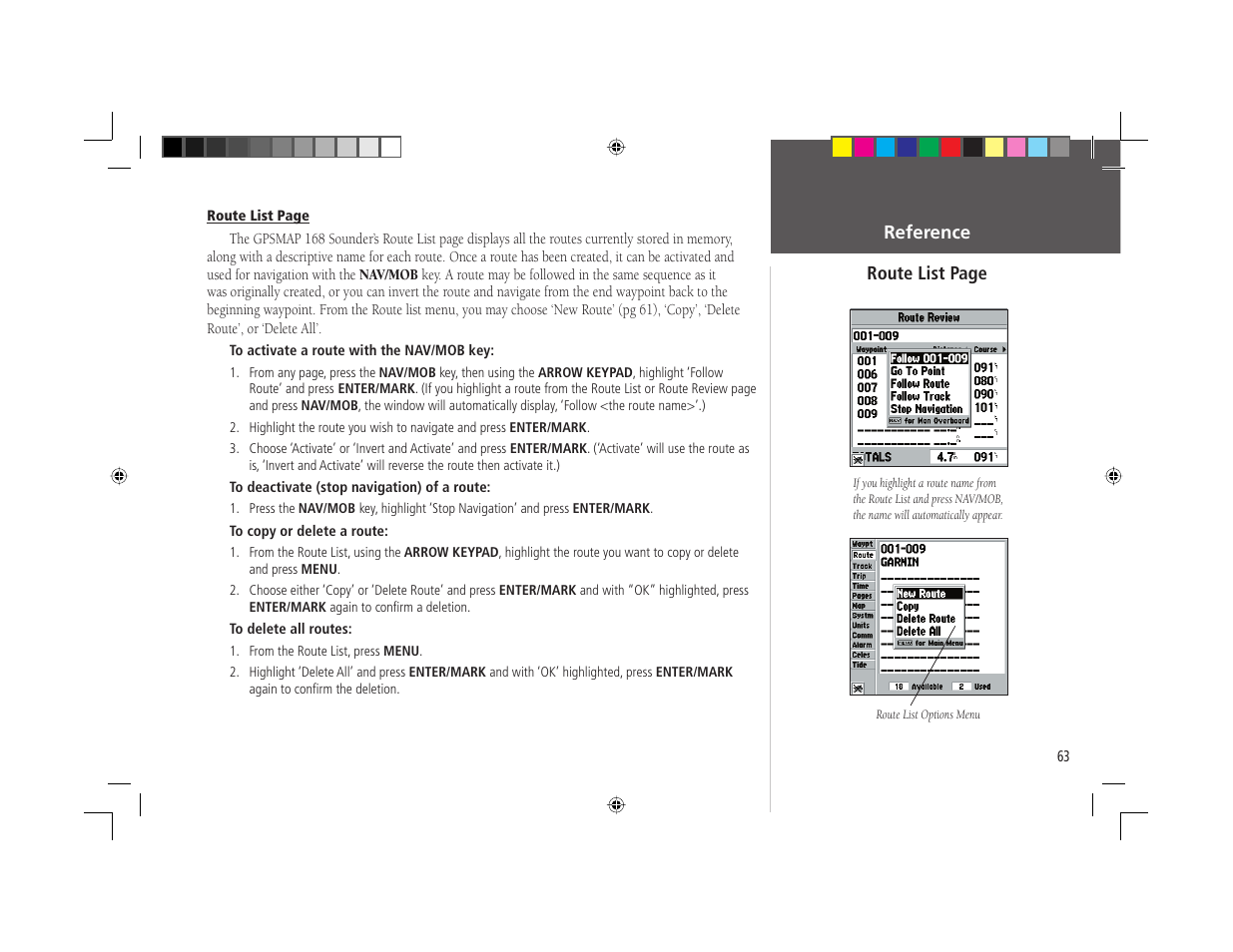 Reference route list page | Garmin GPSMAP 168 Sounder User Manual | Page 74 / 123