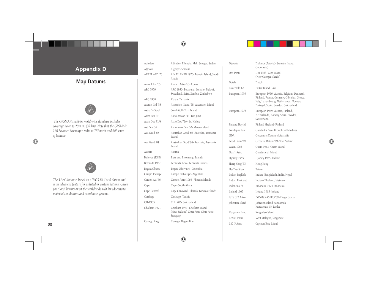 Appendix d map datums | Garmin GPSMAP 168 Sounder User Manual | Page 99 / 123