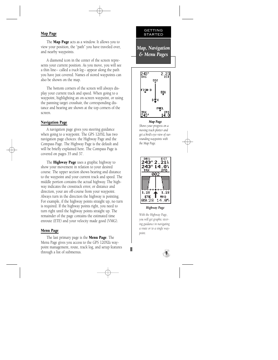 Map, navigation & menu pages | Garmin GPS 120XL User Manual | Page 13 / 72