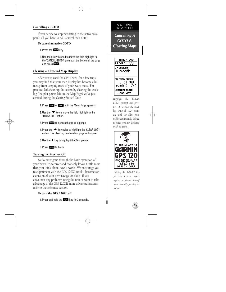 Cancelling a goto & clearing maps | Garmin GPS 120XL User Manual | Page 19 / 72