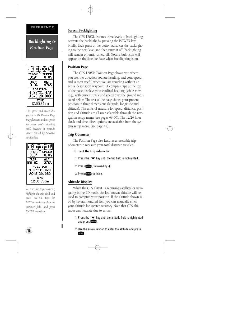Backlighting & position page | Garmin GPS 120XL User Manual | Page 22 / 72
