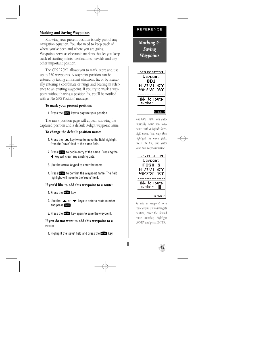 Marking & saving waypoints | Garmin GPS 120XL User Manual | Page 23 / 72