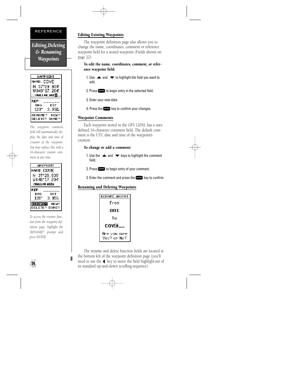 Editing,deleting & renaming waypoints | Garmin GPS 120XL User Manual | Page 28 / 72