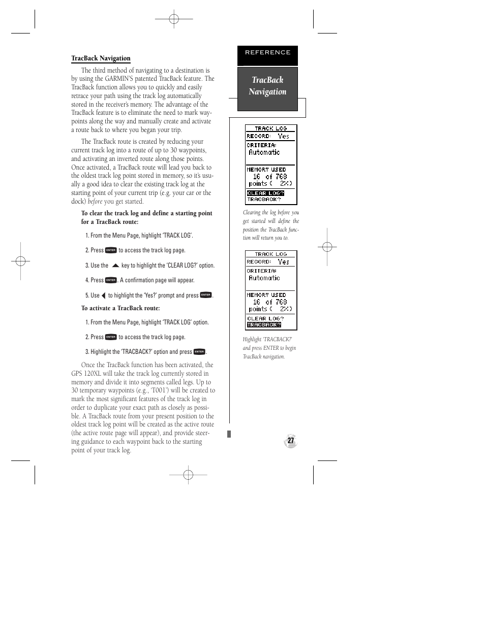 Tracback navigation | Garmin GPS 120XL User Manual | Page 31 / 72