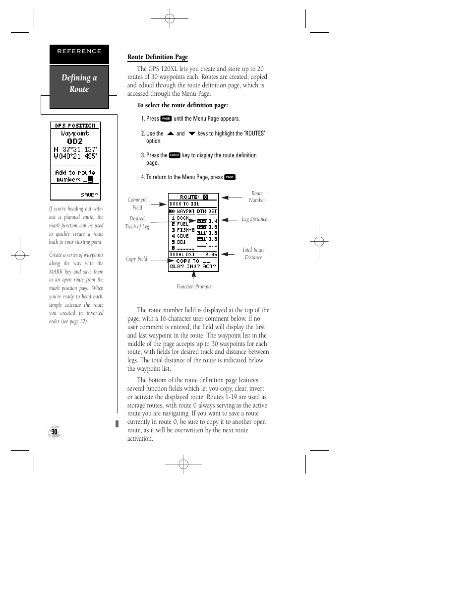 Defining a route | Garmin GPS 120XL User Manual | Page 34 / 72