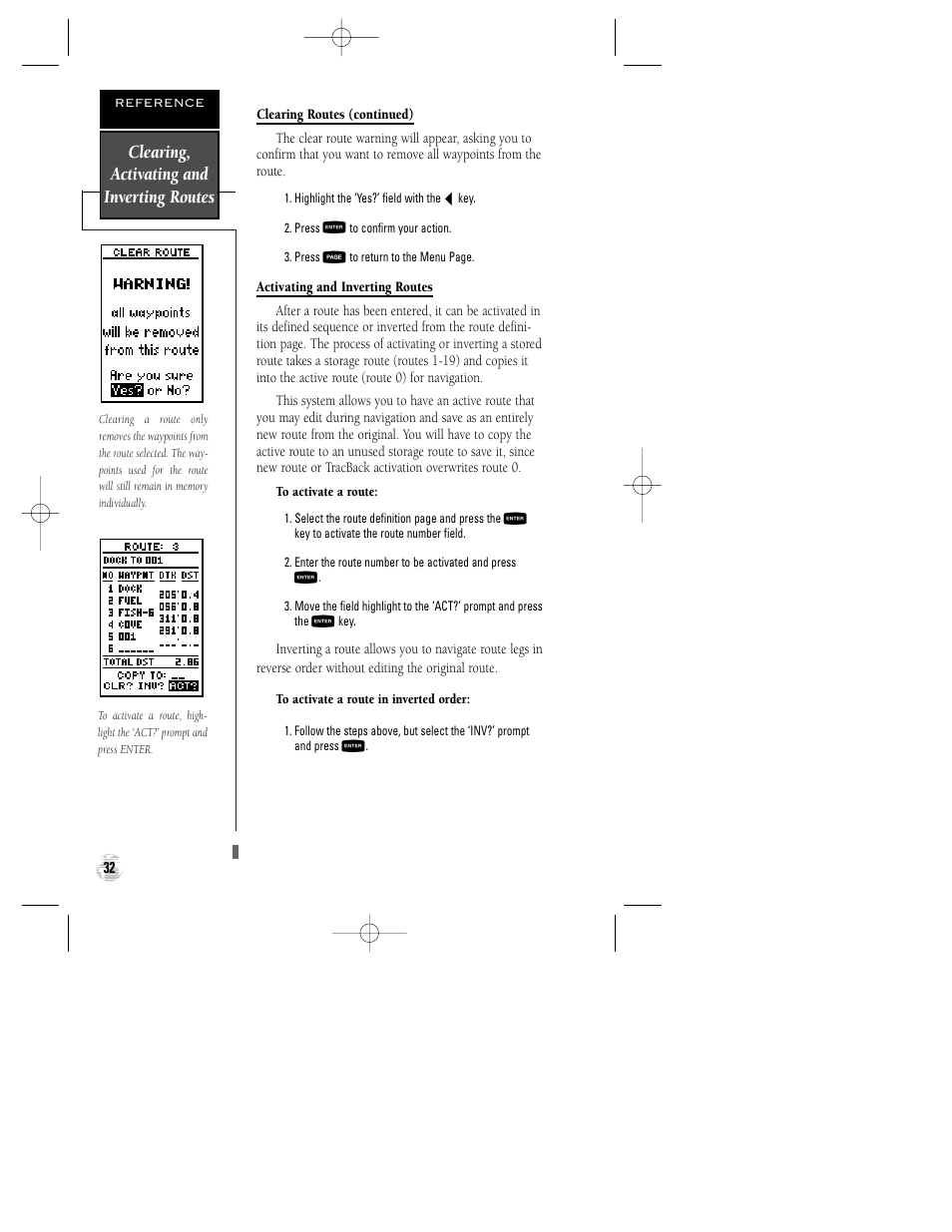 Clearing, activating and inverting routes | Garmin GPS 120XL User Manual | Page 36 / 72
