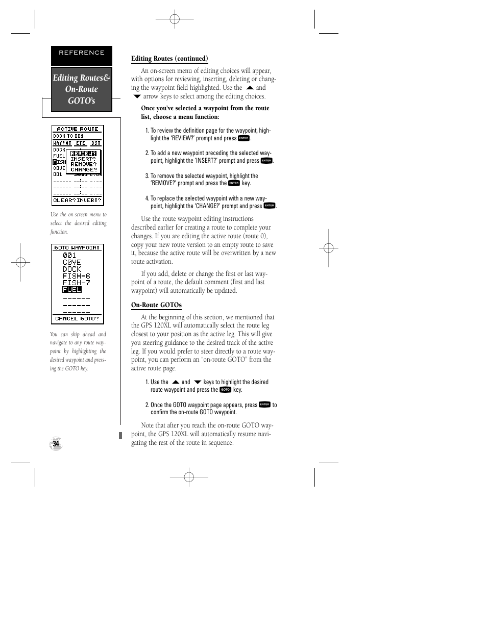 Editing routes& on-route goto’s | Garmin GPS 120XL User Manual | Page 38 / 72