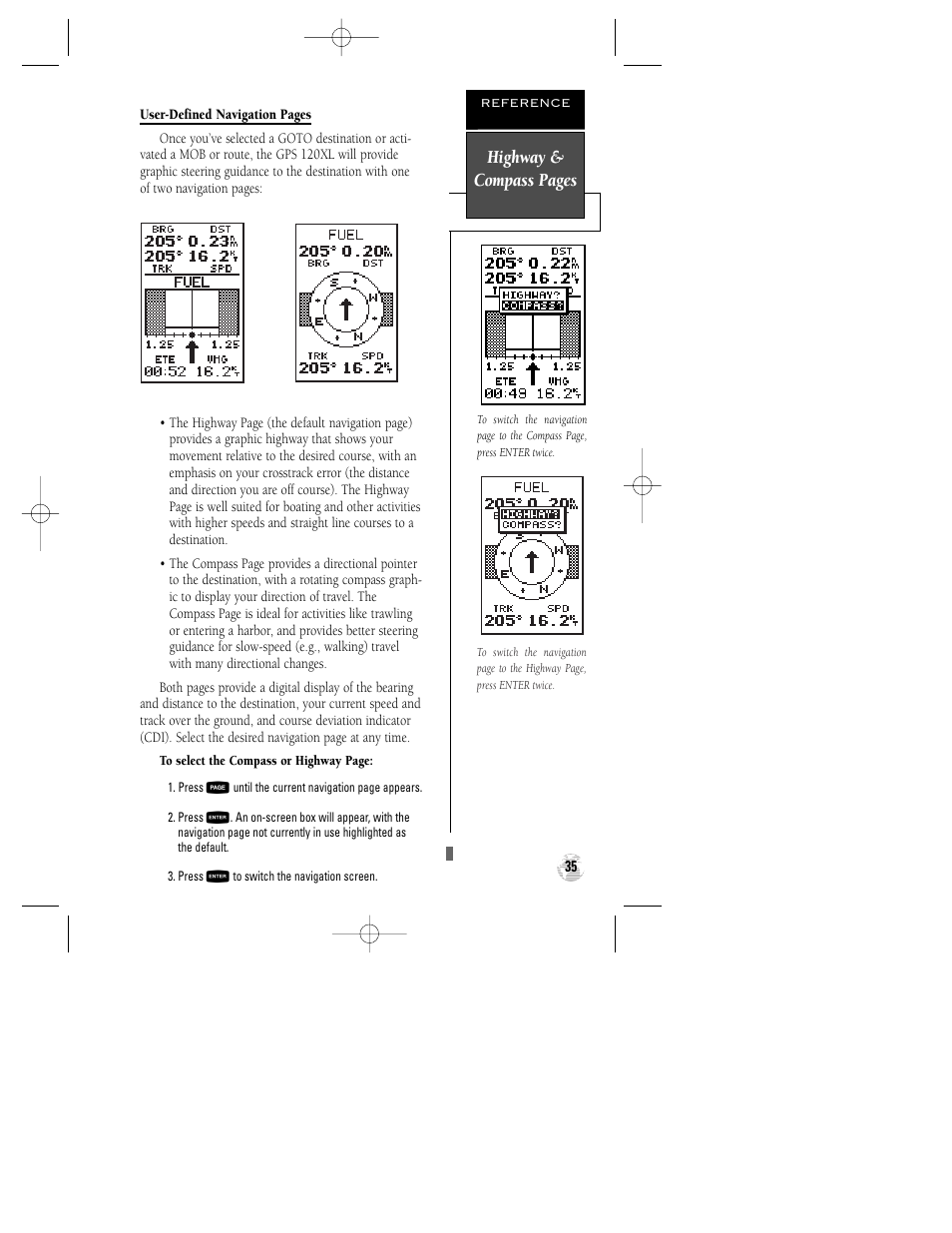 Highway & compass pages | Garmin GPS 120XL User Manual | Page 39 / 72